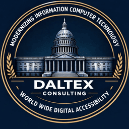 Daltex consulting logo with capital building and dark blue background. Modernizing Information Computer Technology. World Wide Digital Accessibility.