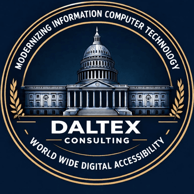 Daltex consulting logo with capital building and dark blue background. Modernizing Information Computer Technology. World Wide Digital Accessibility.